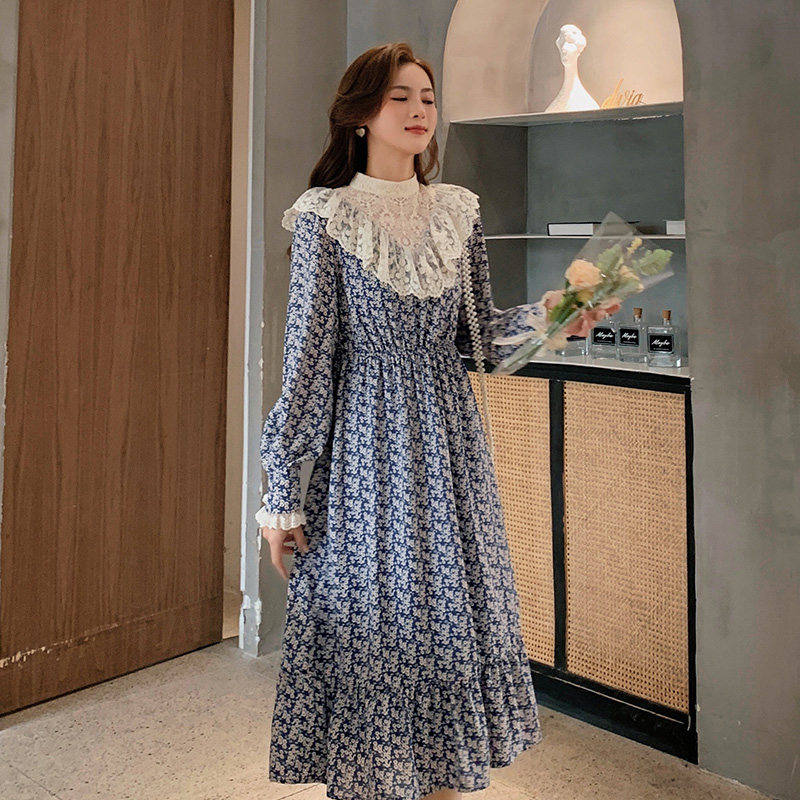 Blue language large size women's clothing fat sister mm temperament lace floral fairy skirt 2022 early autumn new waist dress