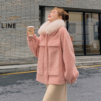 Blue language large size womens fat sister mm sweet temperament lamb coat 2021 Winter new meat coat thick