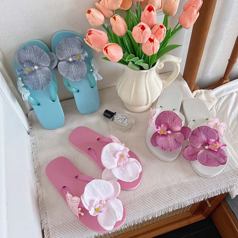 Summer New Style Butterfly Orchid Flower Flip-Flops Beach Shoes for Women Vacation Casual Sandals Flat Slippers