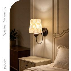 French Retro Shell Wall Lamp, Antique Style Rubber Wood Wall Lamp, Creative Bedroom Bedside Wall Lamp, Warm Lighting Fixtures