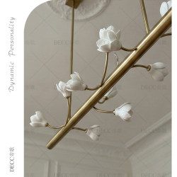 French-Style All-Copper Creative Magnolia Flower Restaurant Chandelier, American Retro Cream-Style Cozy All-Copper Lighting for Dining Room