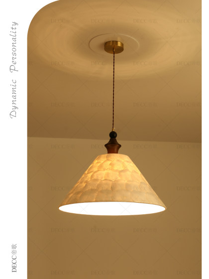French-Style Vintage All-Copper Creative Shell Dining Room Pendant Light, Rubber Wood Bedroom Pendant Light, Cream-Style Walnut Wood Color Lighting Fixtures