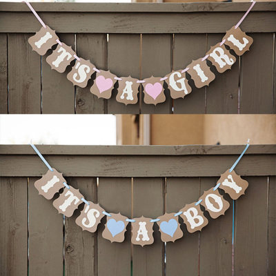 Kids Baby Birthday Party Decoration Its a boy girl Vintage Kraft Paper Pull Flag Paper Pull Flower