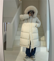 Zhou Wood apit chao big fox fur collar 90 white duck down long hooded solid color warm thick down jacket