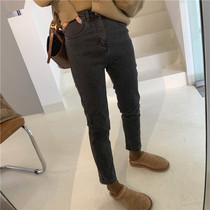 Zhou Wood Wood apit padded warm waist thin straight tube elastic nine-point denim pants winter women wash