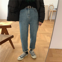 Zhou Wood apit thin velvet thickened high waist small straight tube thin delivery belt washed blue jeans winter New Women