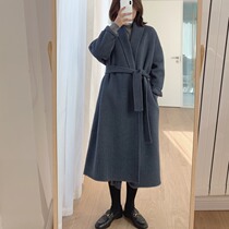 Zhou Mu Wood high quality alpaca double-sided woolen coat womens winter New long lace-up non-buckled woolen jacket