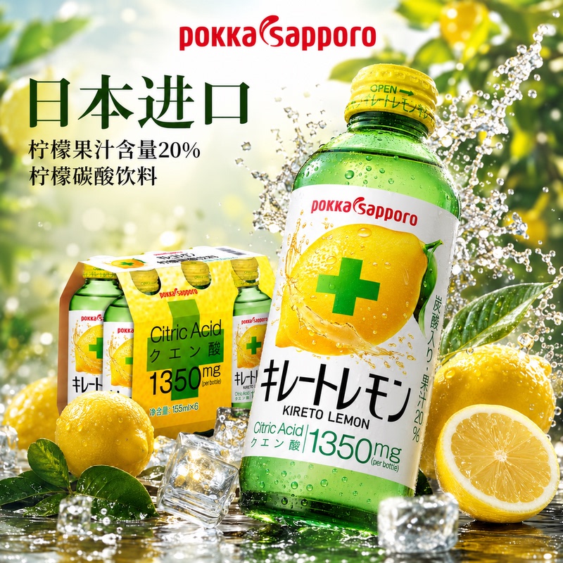 Pokkasapporo Japanese Lemon Acid Carbonated Drink 6-Pack Imported Lemon Juice Suitable for Self-Consumption and Gift-Giving
