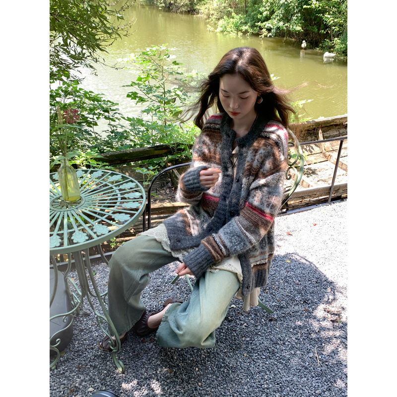 Sibo Peruvian Imported Suri Alpaca Wool Texture Wool Gradient Fair Isle Jacquard Knit Cardigan