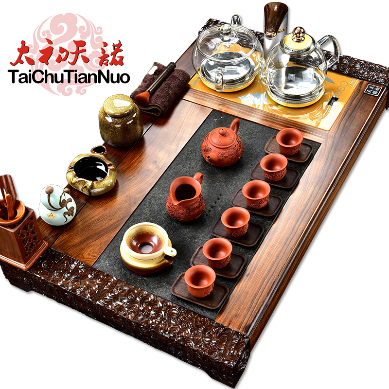 The beginning day, purple sand tea set stone sandal wood tea tray was kung fu tea table four unity automatically sheung shui tea taking