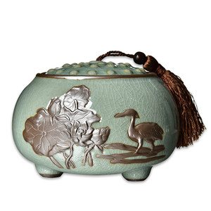 太初天诺哥窑茶叶罐一鹭莲升茶道密封性好储存罐家居办公摆件流苏