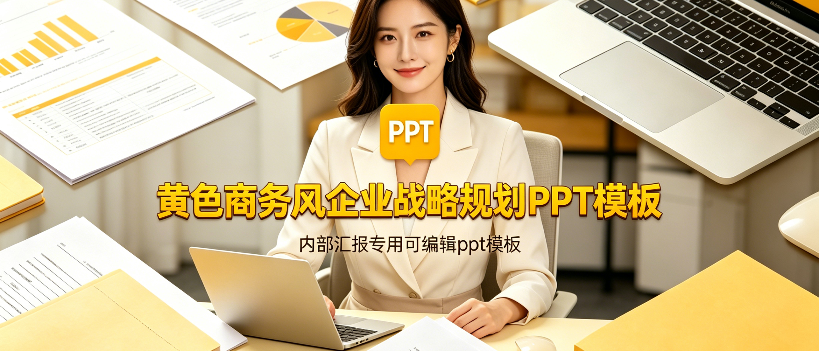 C1143黄色商务风企业战略规划PPT模板 内部汇报专用可编辑ppt模板-简创库网