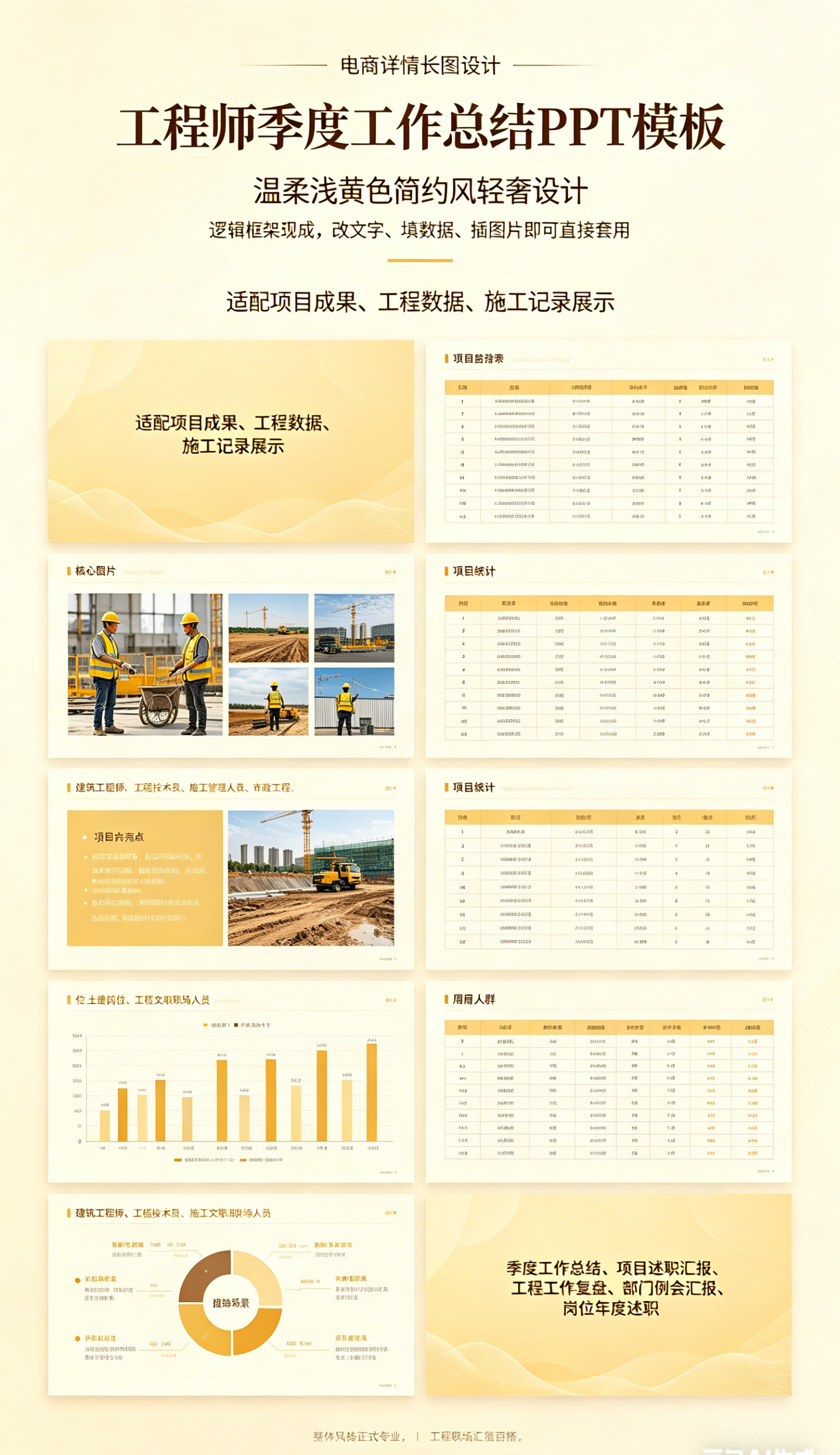 图片[2]-B1022浅黄色简约风工程师季度工作总结PPT模板 多表格多图文述职汇报-简创库网