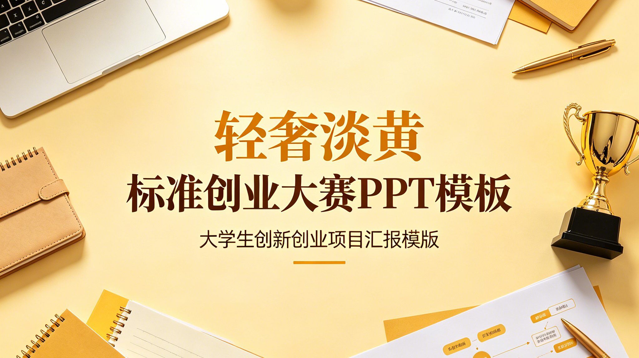 C1142轻奢淡黄标准创业大赛PPT模板 大学生创新创业项目汇报模版-简创库网
