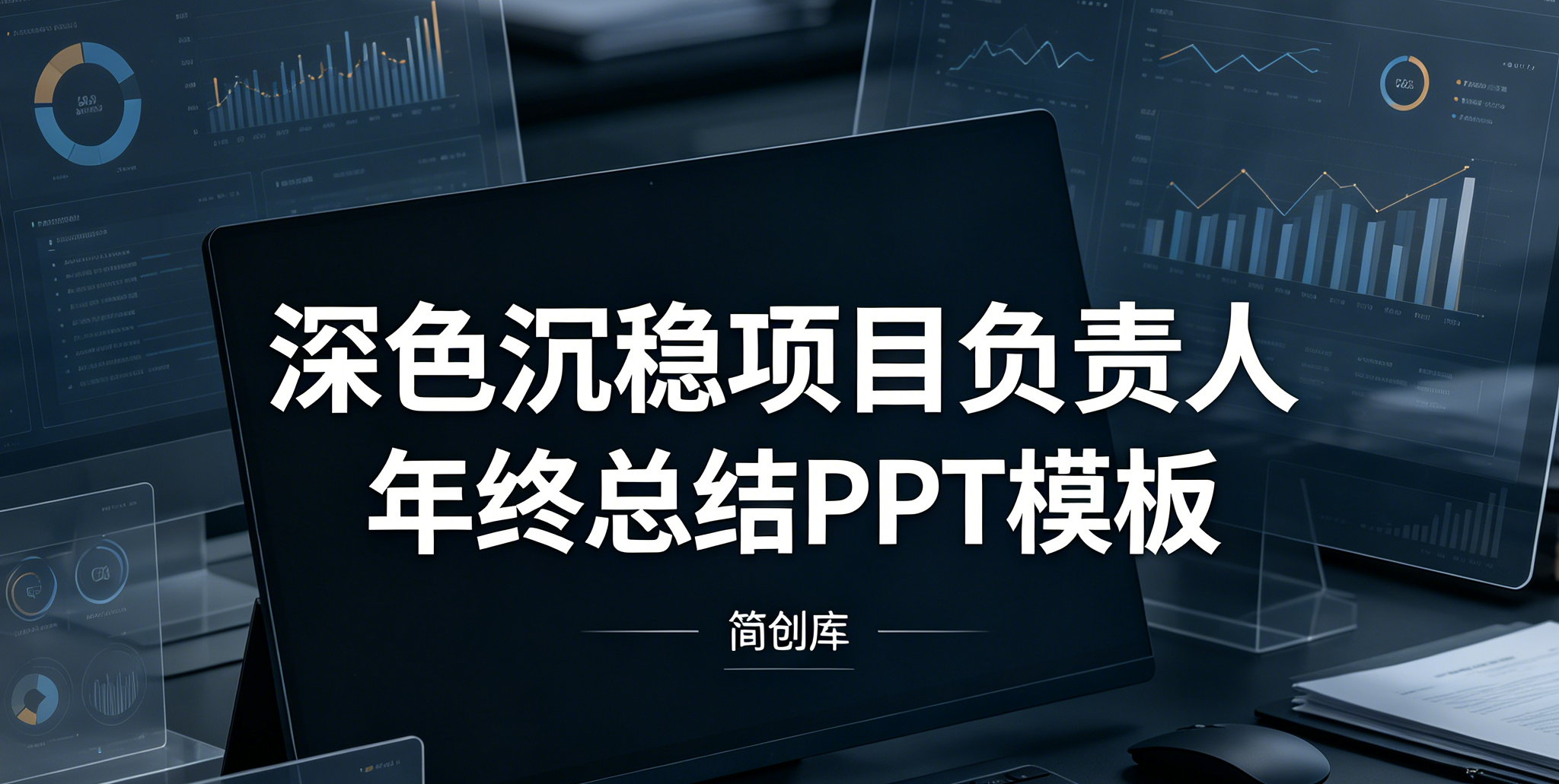 B1018项目负责人年终工作复盘PPT模板 深色大气沉稳风年终总结述职全套模板-简创库网