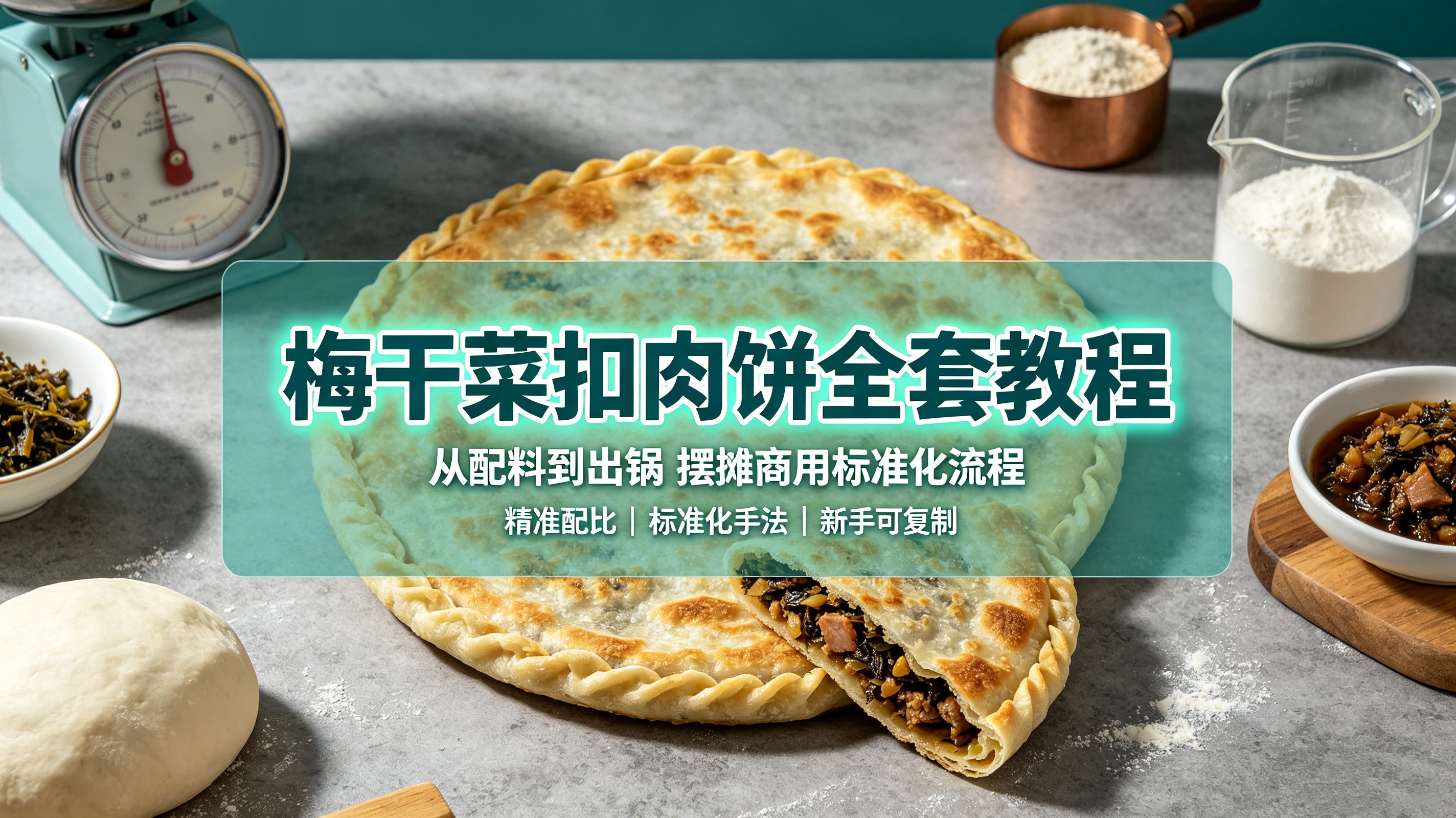 L59873网红梅干菜扣肉饼教程,馅料配比 + 烤制手法,焦香流油一口过瘾-简创库网