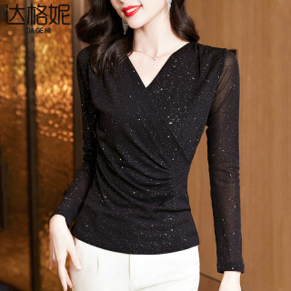 V领蕾丝打底衫女2025新款时尚洋气高贵小衫亮丝内搭长袖网纱上衣