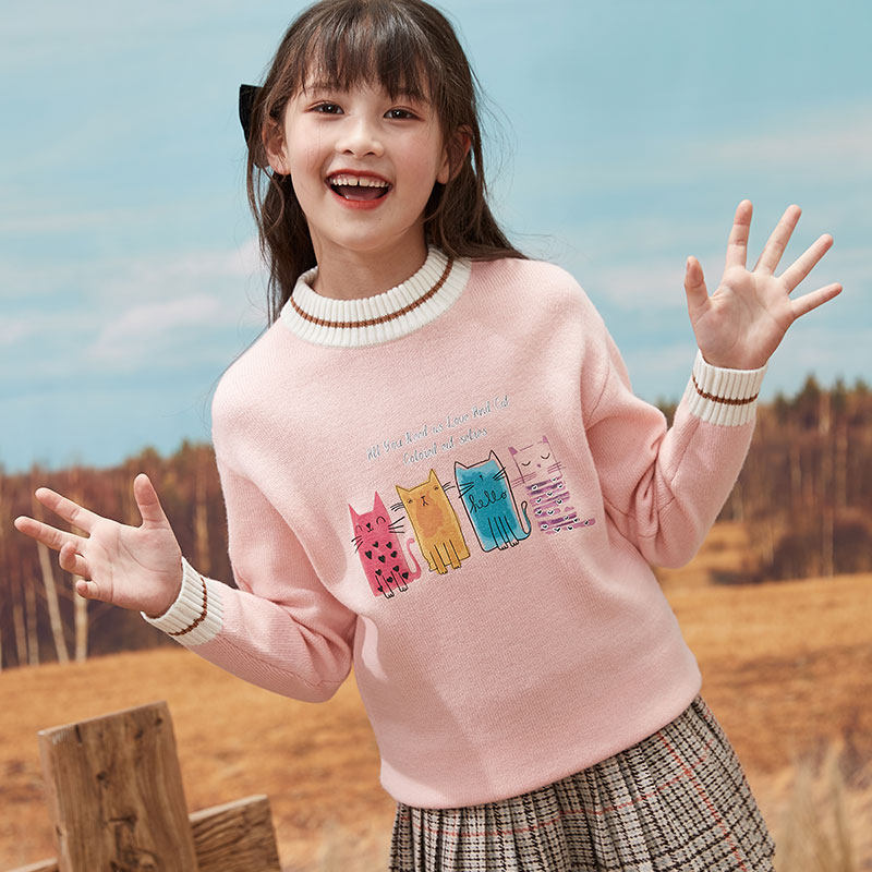 Children's woolen sweater girls' sweater pullover middle-aged children's knitted bottoming shirt autumn and winter thickened top 100% pure wool