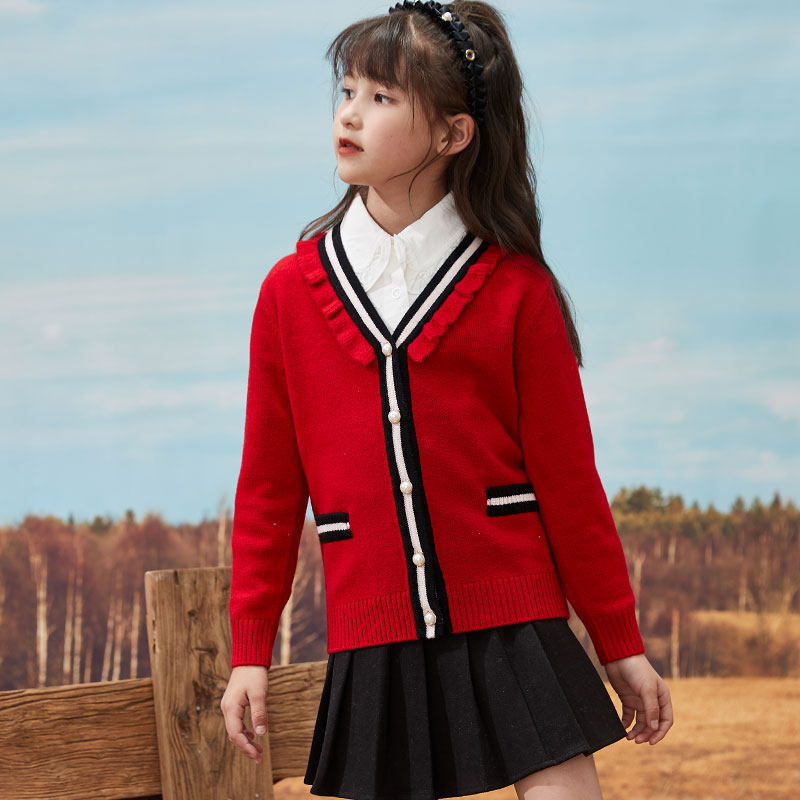 Girl knit cardiovert 100% pure wool 2021 autumn winter new children sweater CUHK children blouses jacket foreign pie