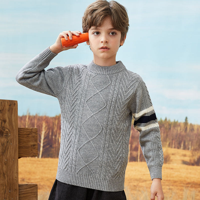 Boys' 100% pure wool sweater children's sweater round neck pullover sweater middle and big children's bottoming 2021 autumn and winter new style