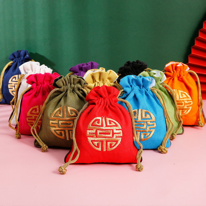 Text Playing Cotton Hemp Bag Drawing Rope Small Cloth Bag Embroidered Pan Beads Gift Wrapping Gold Sacks Fuffle Bags Jewels Jewelry Cashier Bag