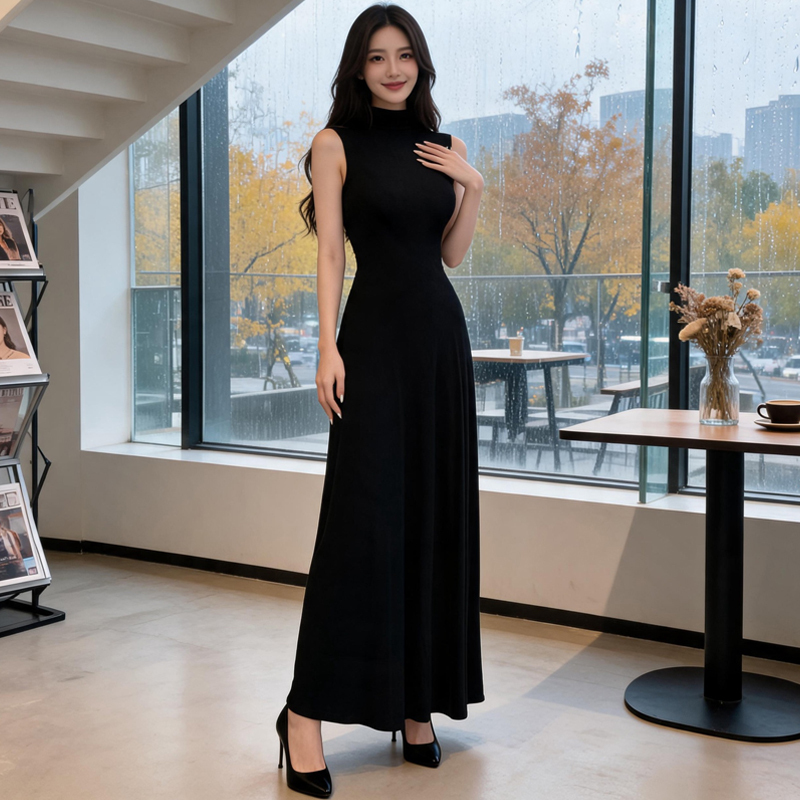 Elegant Long Skirt with Large Hem, Slim-Fitting Waist-Cinching Tank Dress, Black Slimming Half-High Collar Sleeveless Dress Elegant Long Skirt with Large Hem, Slim-Fitting Waist-Cinching Tank Dress, Black Slimming Half-High Collar Sleeveless Dress