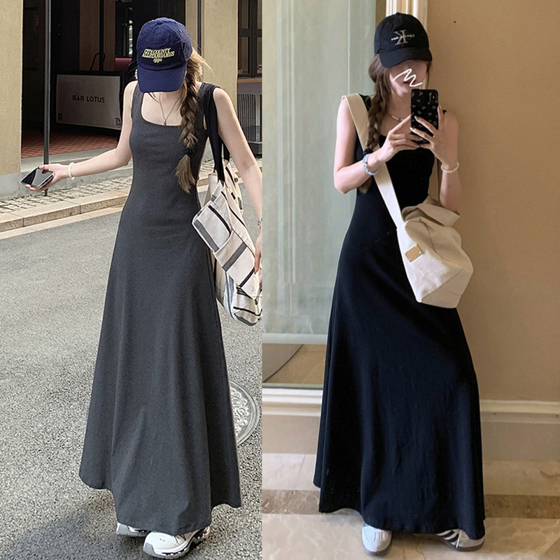Korean Style Elegant Waist-Cinching Spaghetti Strap Dress for Women, Summer Simple Square Neck A-Line Long Skirt, Inner Layer Tank Dress