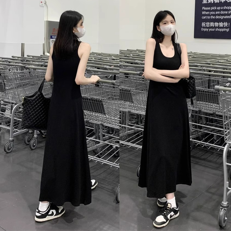 Large Hem Vest Dress, Modal Korean Style Vacation Summer Loose Base Long Dress, Mid-Length Sleeveless Dress for Women