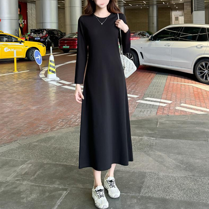Elegant Tall Long-Sleeved Dress, Casual Slim-Fit Waist-Cinching Hip-Covering A-Line Large Hem Base Dress