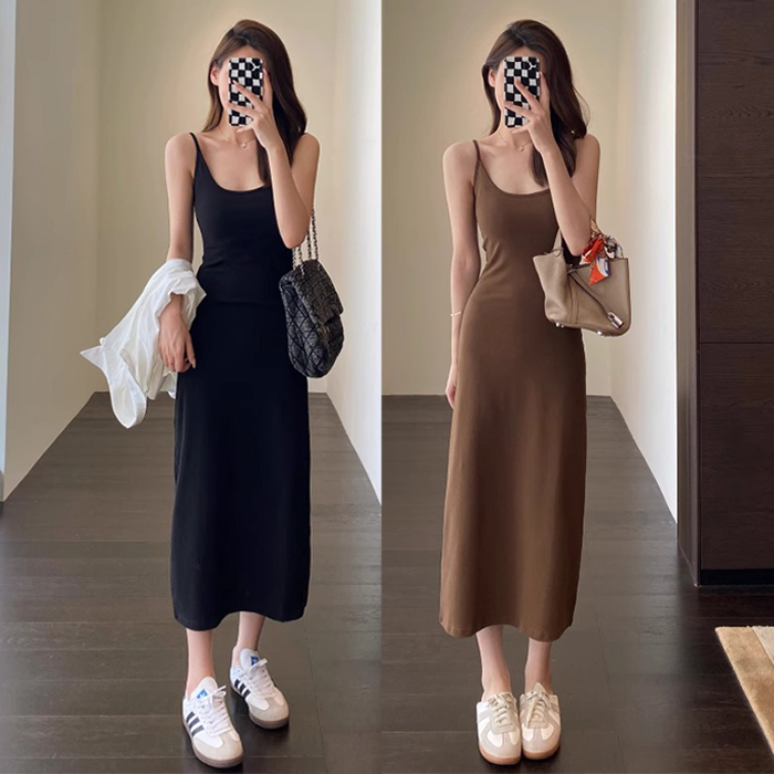 Vest Dress, Spring, Summer, Autumn, Base Dress, Ribbed, Solid Color, Sexy Long Style, Slim Fit, Bodycon, Outerwear, Spaghetti Strap Dress, Dress