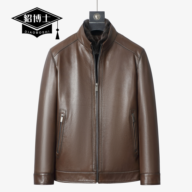 Dr. Mink High-End Goat Leather Stand Collar Genuine Leather Jacket for Men with Full Mink Fur Lining, Short Motorcycle Jacket, Casual Winter Wear Dr. Mink High-End Goat Leather Stand Collar Genuine Leather Jacket for Men with Full Mink Fur Lining, Short Motorcycle Jacket, Casual Winter Wear