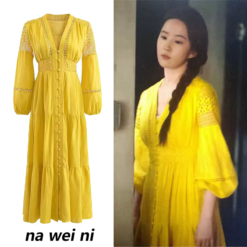 The Story of the Rose Huang Yimei and Liu Yifei's Same Style Mid-Sleeve V-Neck Yellow Dress for Women, Summer Loose French-Style Dress