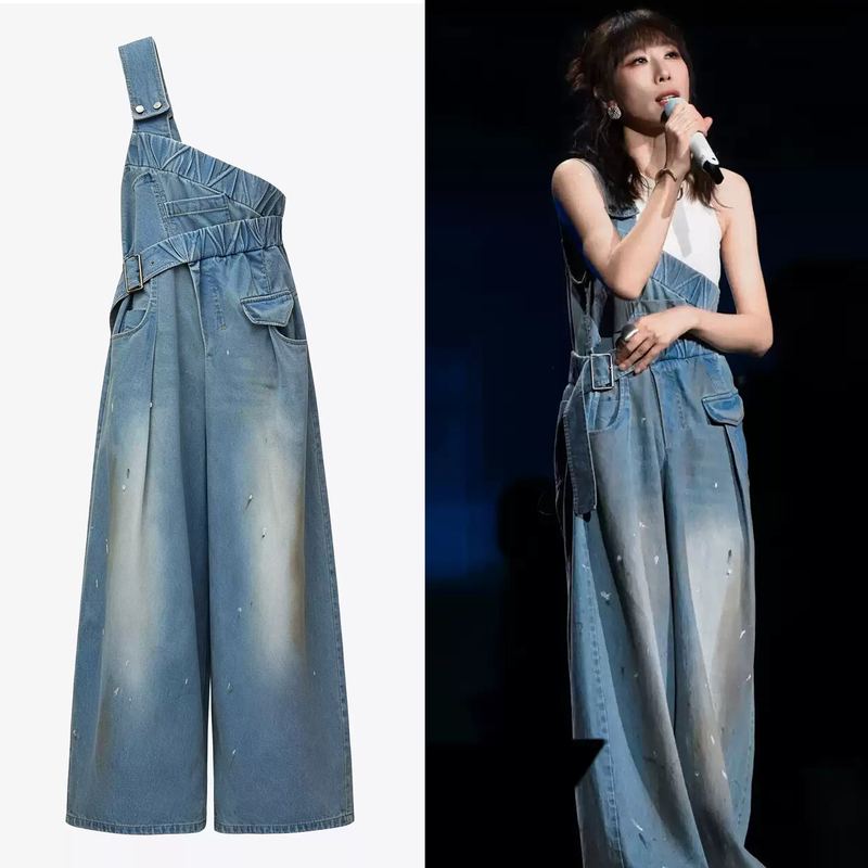 Ren Suxi Style Irregular One-Shoulder Denim Overalls for Women, Vintage Washed High-Waisted Wide-Leg Jumpsuit