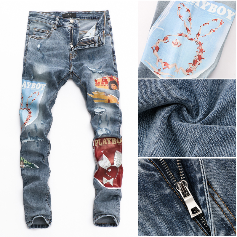 Hong Kong High-end Breaking Hole Printed Tide Sign for Leisure Personality Water Wash Trend Europe Station AMIRI Jeans Man