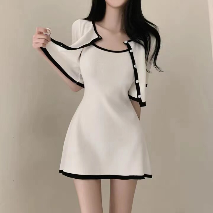 Korean style chic chanel-inspired knit top + cami dress slim fit solid  color skirt set