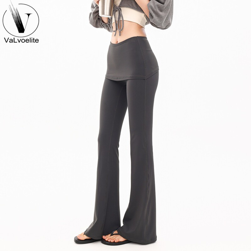 Valvoelite Double-Layered Waist-Flipping Sports Pants for Women, High-Waisted, Hip-Lifting, Slightly Flared Yoga Pants, Pilates Fitness Long Pants