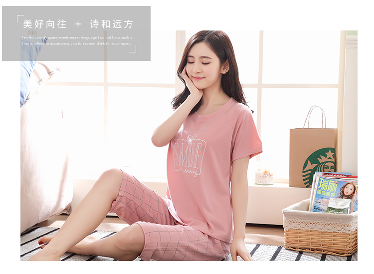 Mùa hè quần ngắn tay đồ ngủ nữ mặc giản dị bông dịch vụ nhà phù hợp với XL cotton nửa tay phụ nữ