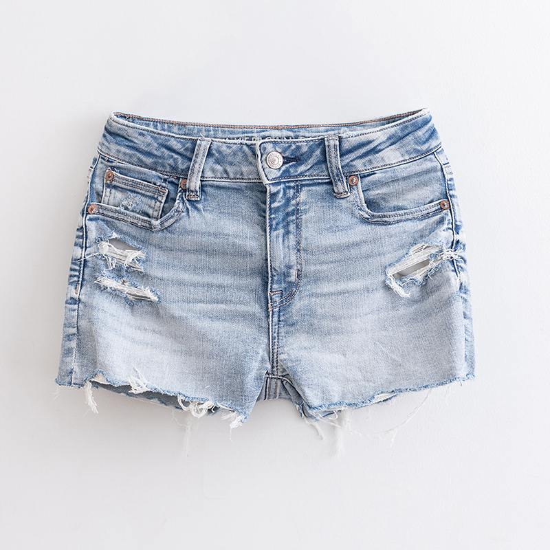 Aeo American Eagle 2026 Summer Blue High-Waisted Stretch Denim Shorts Slim Fit Distressed Shorts Hot Pants for Women
