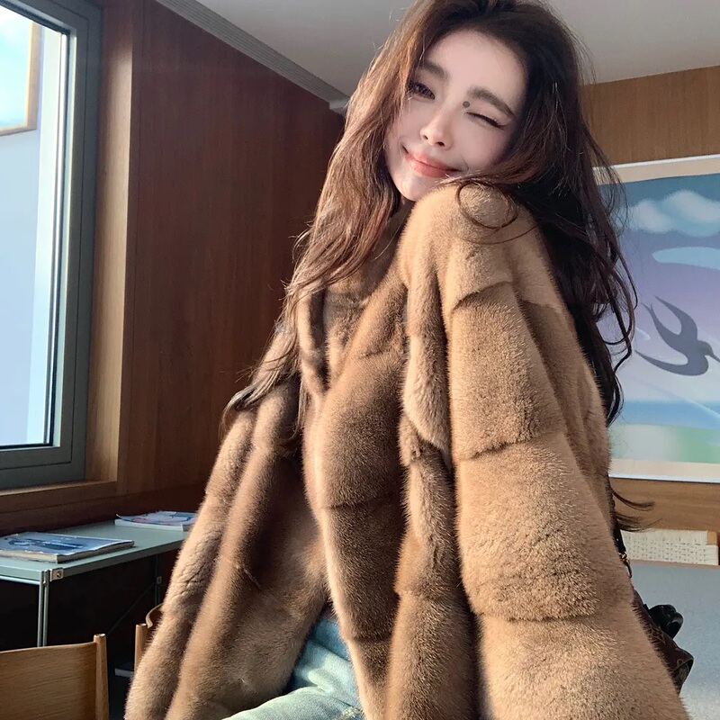 Daily Luxury Imported Velvet Stand-Up Collar Horizontal Row Mink Fur Coat Women's Whole Mink Coat Winter