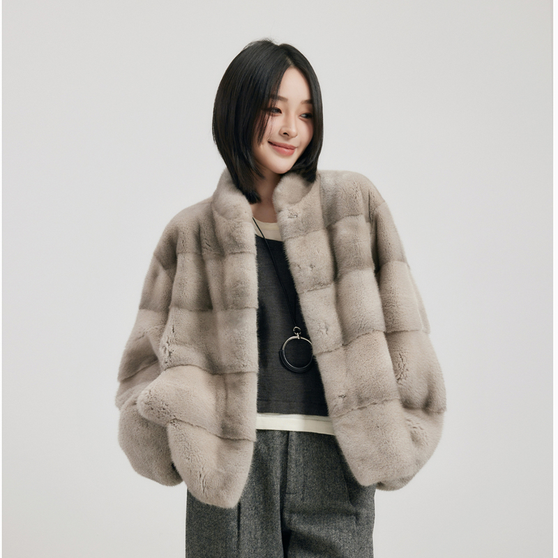 Mink Fur Coat for Women, Full Mink, Autumn and Winter Casual Short Style, Stand Collar, Horizontal Full-Cutting Process, Mink Fur Coat for Women