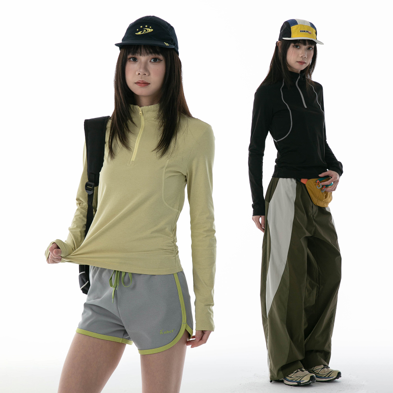 Notbrand Outdoor Sports Style Half-Zip Long-Sleeved T-Shirt for Women, Slim Fit, Quick-Drying, Waist-Cinching, Slimming, Sun-Protective Top
