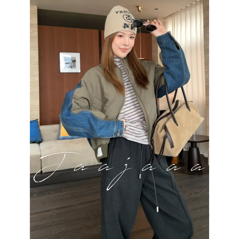 Jaajaaa's Unique Material Splicing Design Is Amazing. Denim Spliced with Diamond Quilted Cotton Flight Jacket for Women