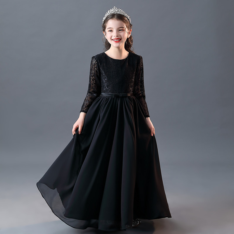 2025 Black Long-Sleeved Children's Girls' Long Performance Dress Princess Dress Catwalk Choir Piano Performance Dress New Autumn and Winter