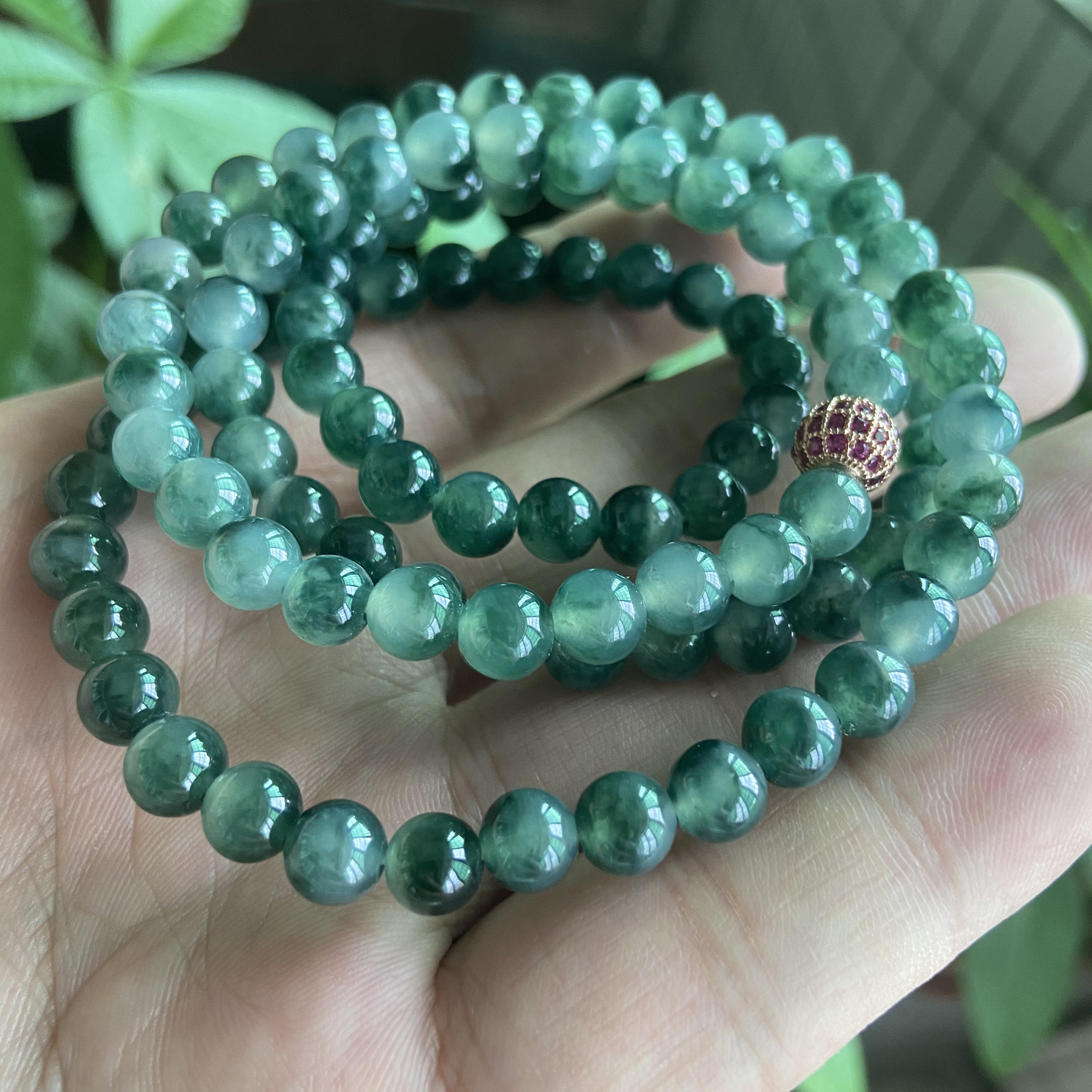 Shan Cheng jade Natural jade A waxy kind floating blue flower round beads jade hand string necklace 108 Yoka 6 8