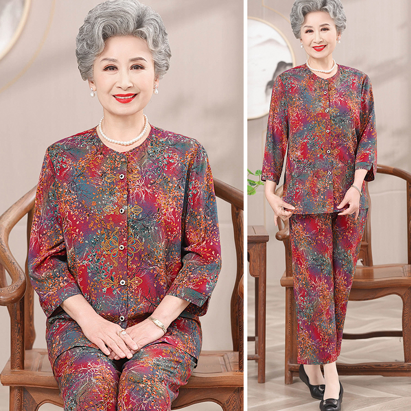 Elderly Women's Clothing Spring and Summer 2025 New Cotton Silk Two-Piece Set Middle-Aged and Elderly Mother's Clothing 70-Year-Old Grandma Summer Outfit Set