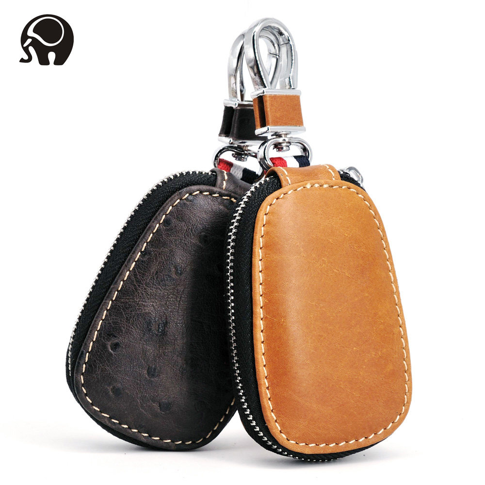 Small round elephant top layer cowhide simple general car key bag mini zipper storage coin bag hanging waist key bag