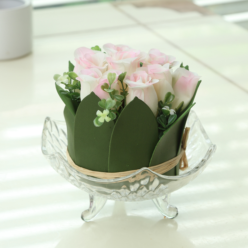 Hand-tied rose bouquet simulation fake flower glass flower pot set decoration silk flower tea table table top display flower decoration