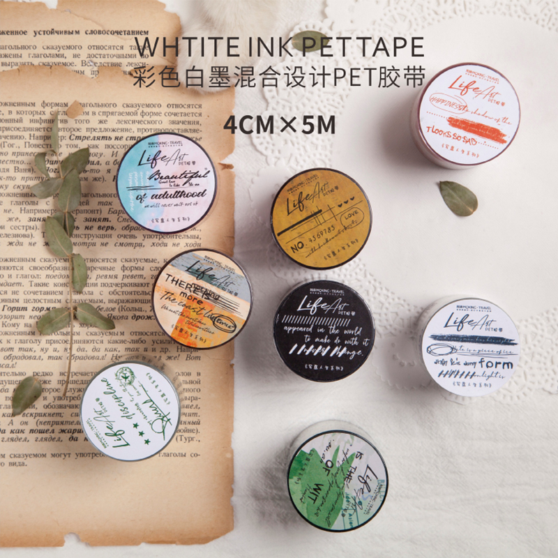 Write Meaning Life Color White Ink Mix Design PET Handbill Adhesive Tape Waterproof Hand Ledger Collage Material Decorative Stickers