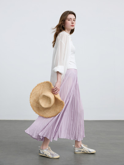 Sancai 2025 neuer Sommerstil-Faltenrock, elastisch, hohe Taille, A-Linie, plissiert, zierlich, großer Saum, langer Rock, dünn, Damen, M