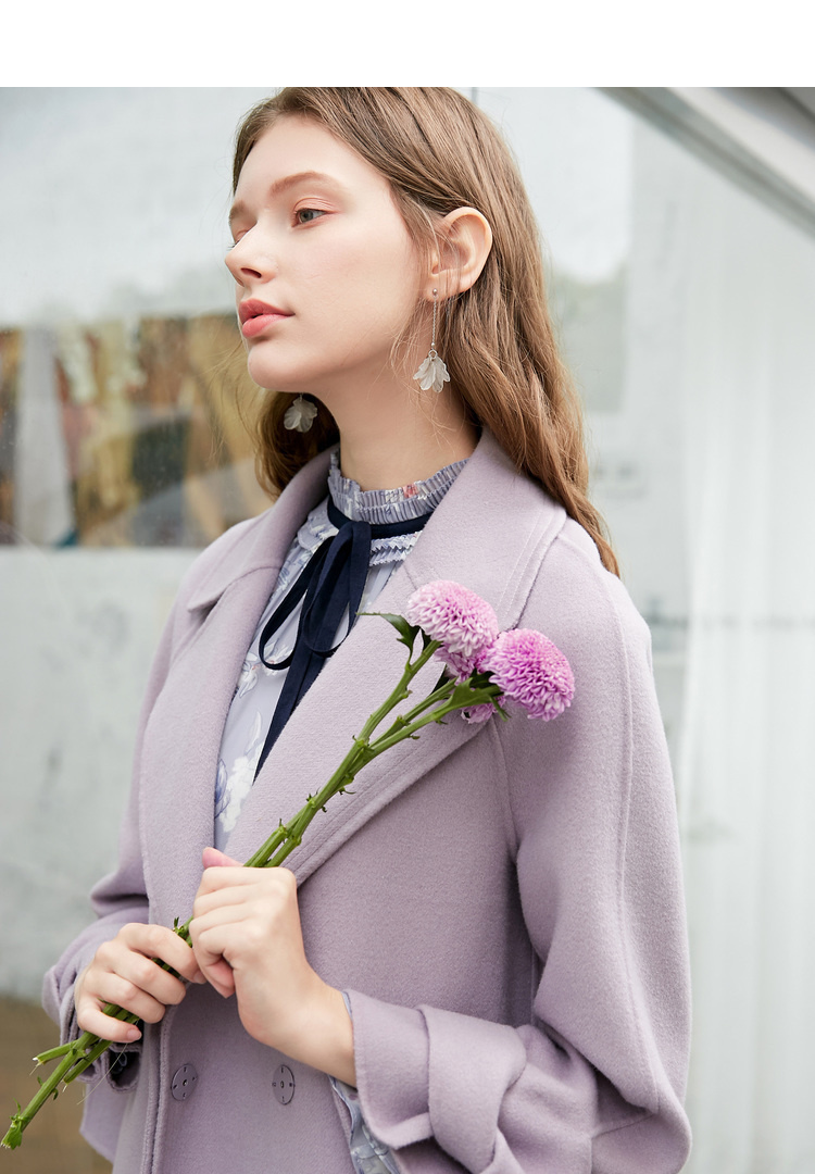 Áo ba lỗ 2018 mùa đông mới buông áo len dài màu tím nhỏ hai mặt áo khoác nữ áo dạ tweed